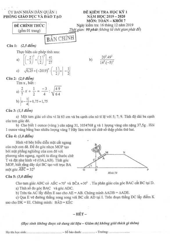 Đề thi học kì 1 (HK1) lớp 7 môn Toán năm 2019 2020 phòng GD ĐT Quận 1 TP HCM