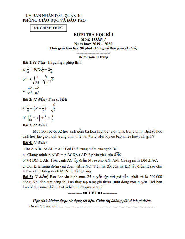 Đề thi học kì 1 (HK1) lớp 7 môn Toán năm 2019 2020 phòng GD ĐT Quận 10 TP HCM