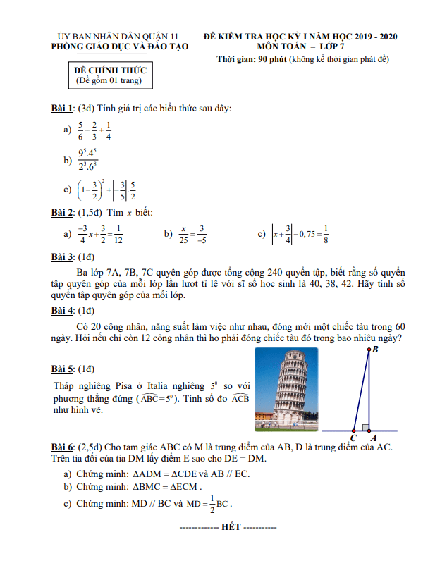 Đề thi học kì 1 (HK1) lớp 7 môn Toán năm 2019 2020 phòng GD ĐT Quận 11 TP HCM