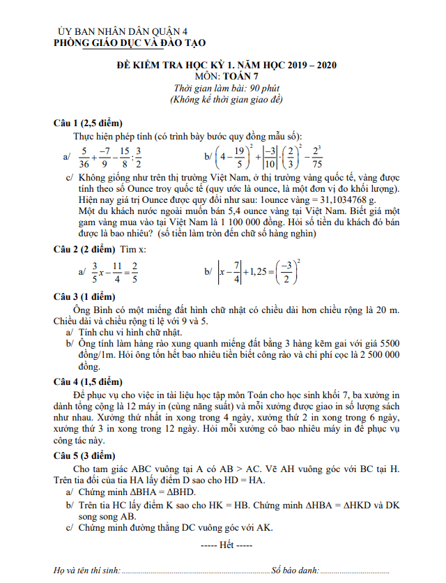 Đề thi học kì 1 (HK1) lớp 7 môn Toán năm 2019 2020 phòng GD ĐT Quận 4 TP HCM