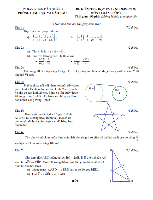 Đề thi học kì 1 (HK1) lớp 7 môn Toán năm 2019 2020 phòng GD ĐT Quận 5 TP HCM