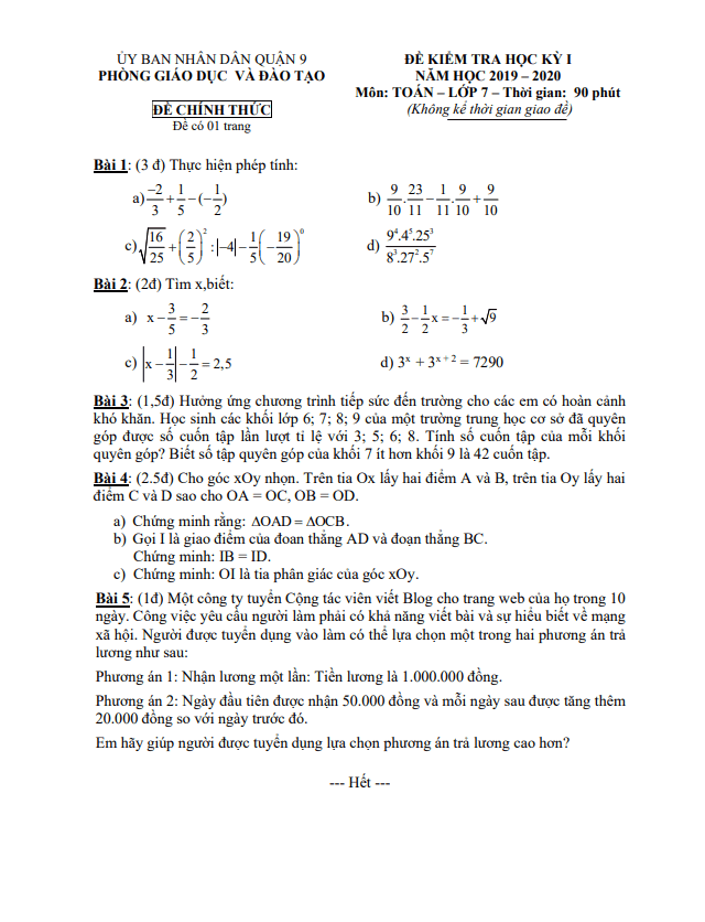 Đề thi học kì 1 (HK1) lớp 7 môn Toán năm 2019 2020 phòng GD ĐT Quận 9 TP HCM