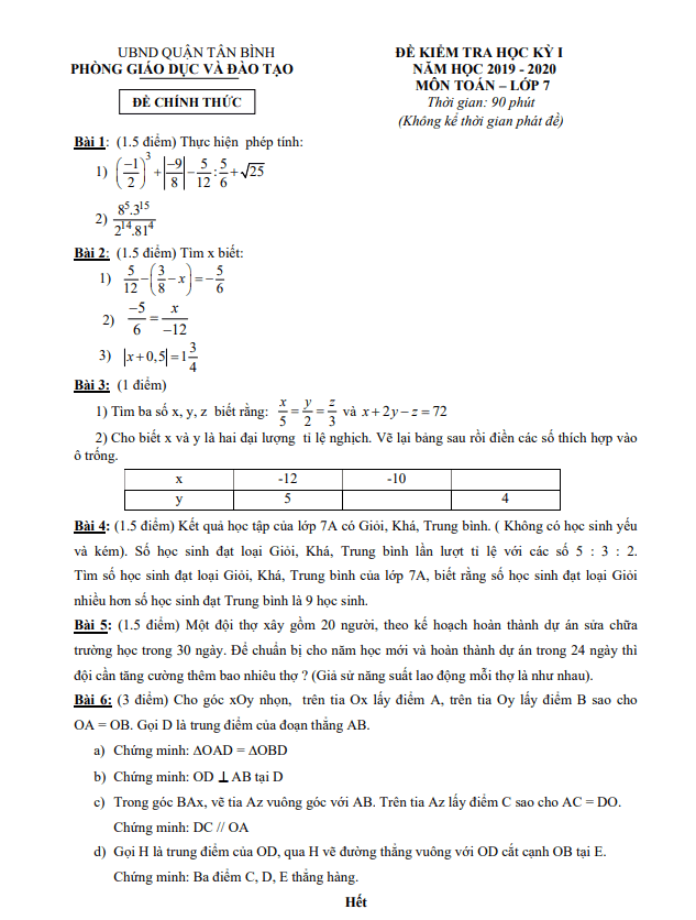 Đề thi học kì 1 (HK1) lớp 7 môn Toán năm 2019 2020 phòng GD ĐT Tân Bình TP HCM