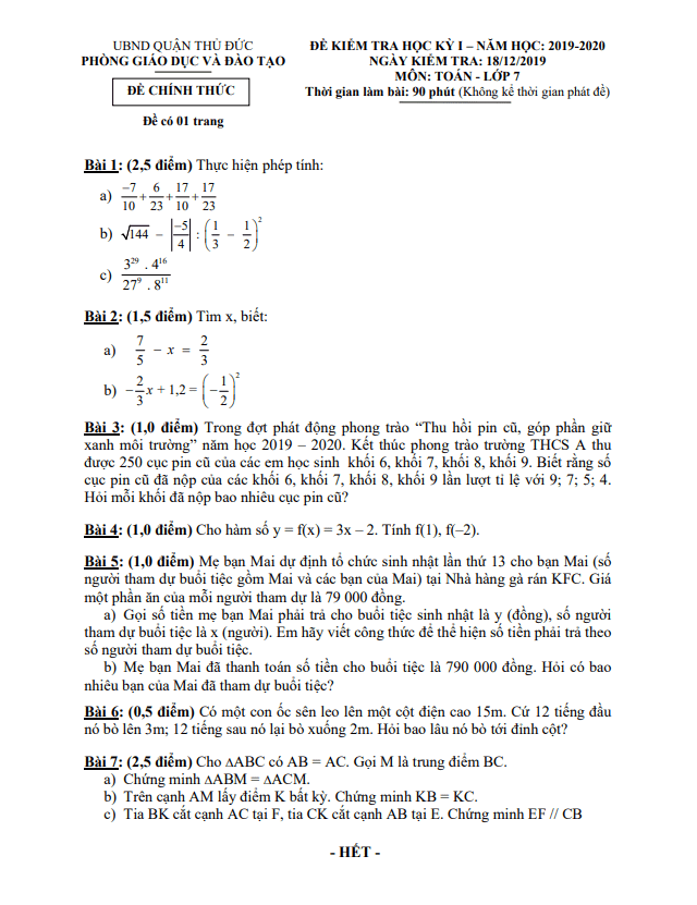 Đề thi học kì 1 (HK1) lớp 7 môn Toán năm 2019 2020 phòng GD ĐT Thủ Đức TP HCM