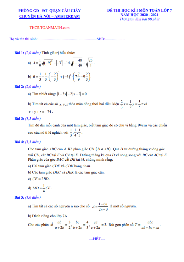 Đề thi học kì 1 (HK1) lớp 7 môn Toán năm 2020 2021 trường chuyên Hà Nội Amsterdam