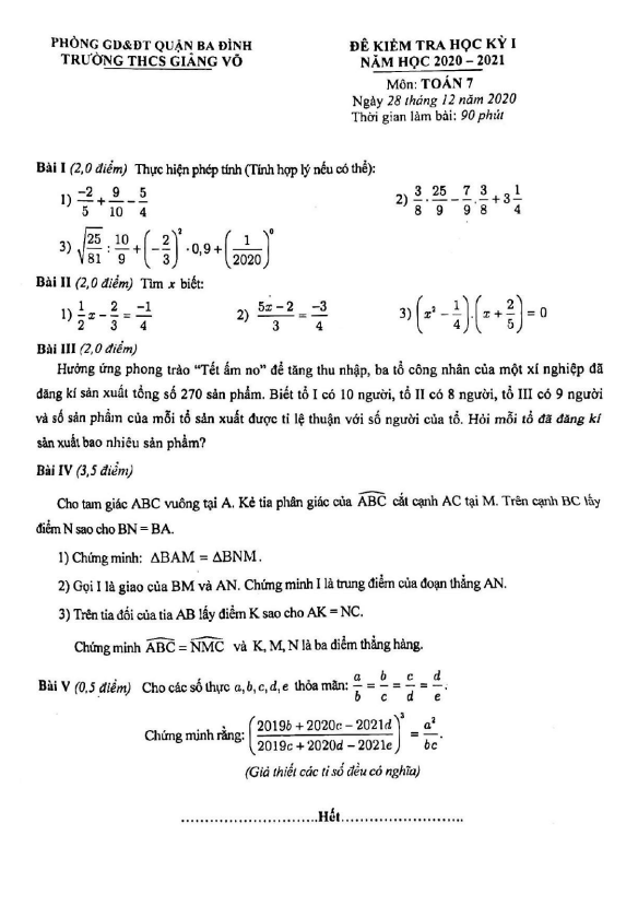 Đề thi học kì 1 (HK1) lớp 7 môn Toán năm 2020 2021 trường THCS Giảng Võ Hà Nội