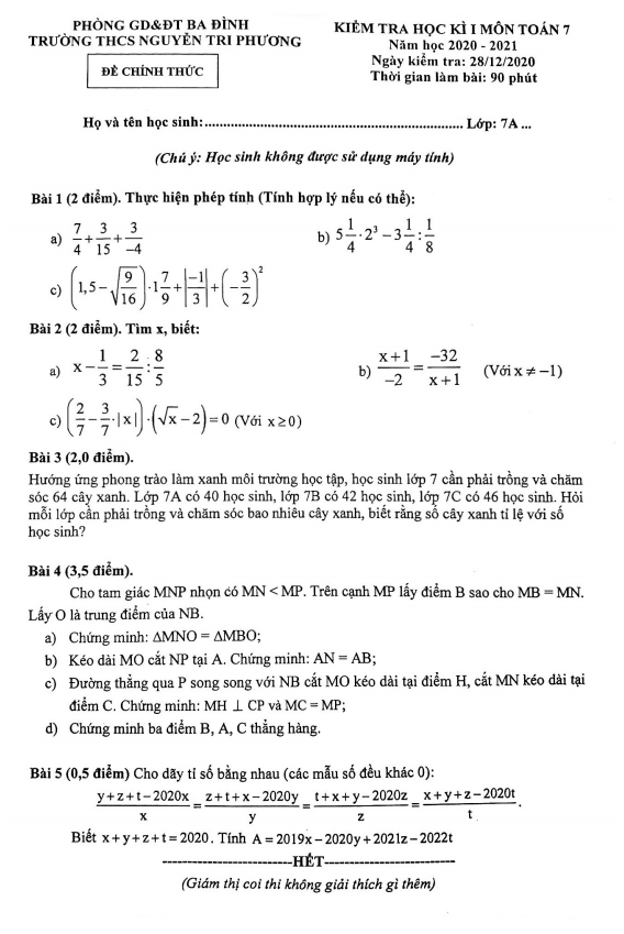 Đề thi học kì 1 (HK1) lớp 7 môn Toán năm 2020 2021 trường THCS Nguyễn Tri Phương Hà Nội