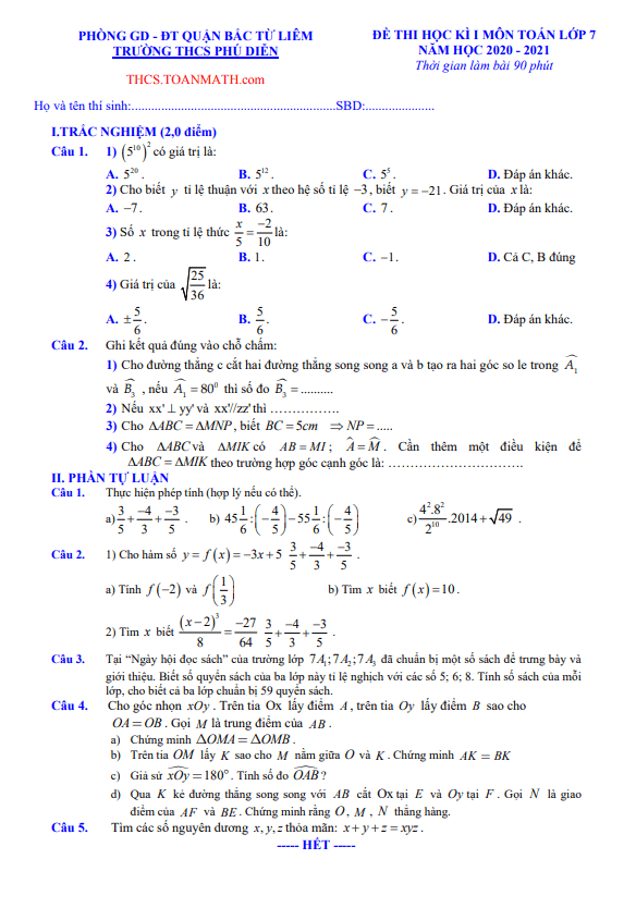 Đề thi học kì 1 (HK1) lớp 7 môn Toán năm 2020 2021 trường THCS Phú Diễn Hà Nội