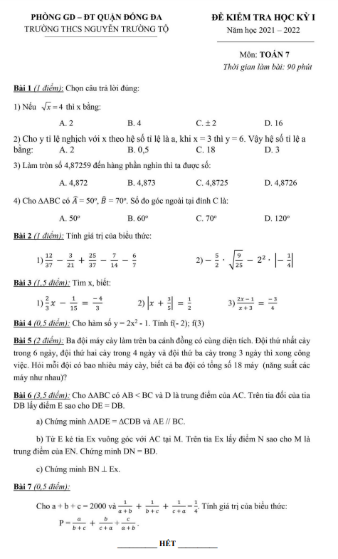 Đề thi học kì 1 (HK1) lớp 7 môn Toán năm 2021 2022 trường THCS Nguyễn Trường Tộ Hà Nội