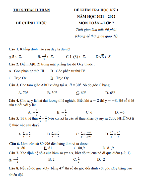 Đề thi học kì 1 (HK1) lớp 7 môn Toán năm 2021 2022 trường THCS Thạch Thán Hà Nội