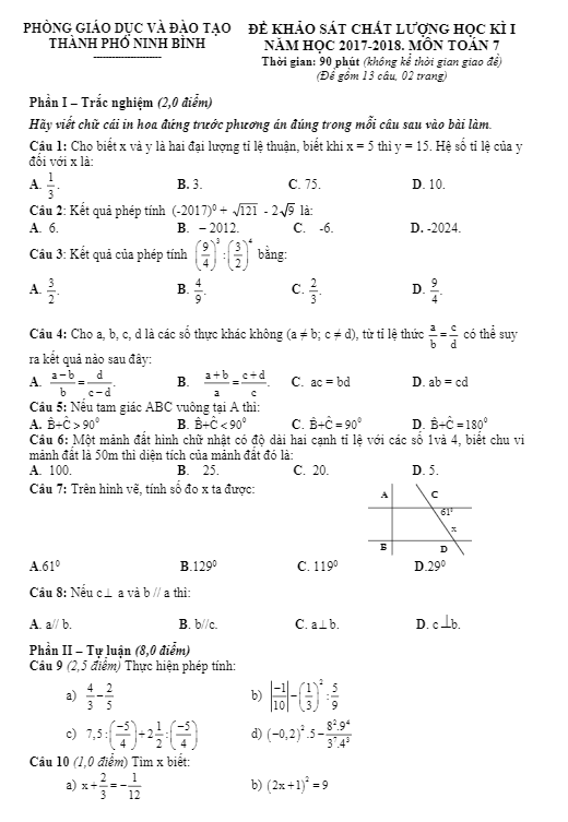 Đề thi học kì 1 (HK1) lớp 7 môn Toán năm học 2017 2018 phòng GD và ĐT thành phố Ninh Bình