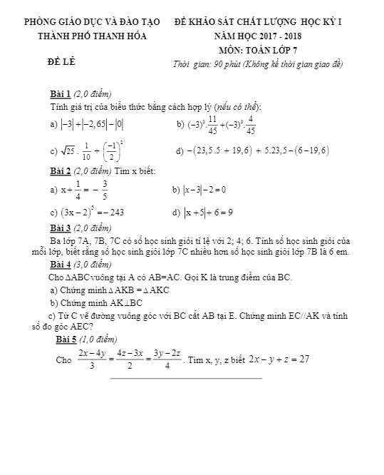 Đề thi học kì 1 (HK1) lớp 7 môn Toán năm học 2017 2018 phòng GD và ĐT thành phố Thanh Hóa
