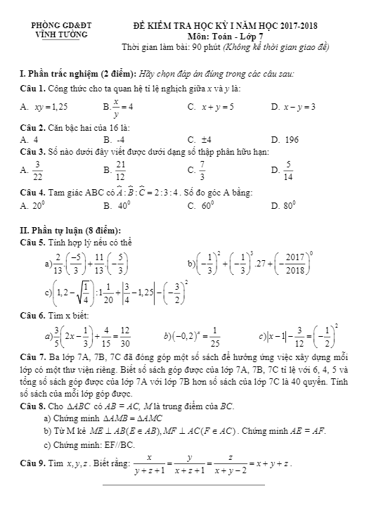 Đề thi học kì 1 (HK1) lớp 7 môn Toán năm học 2017 2018 phòng GD và ĐT Vĩnh Tường Vĩnh Phúc