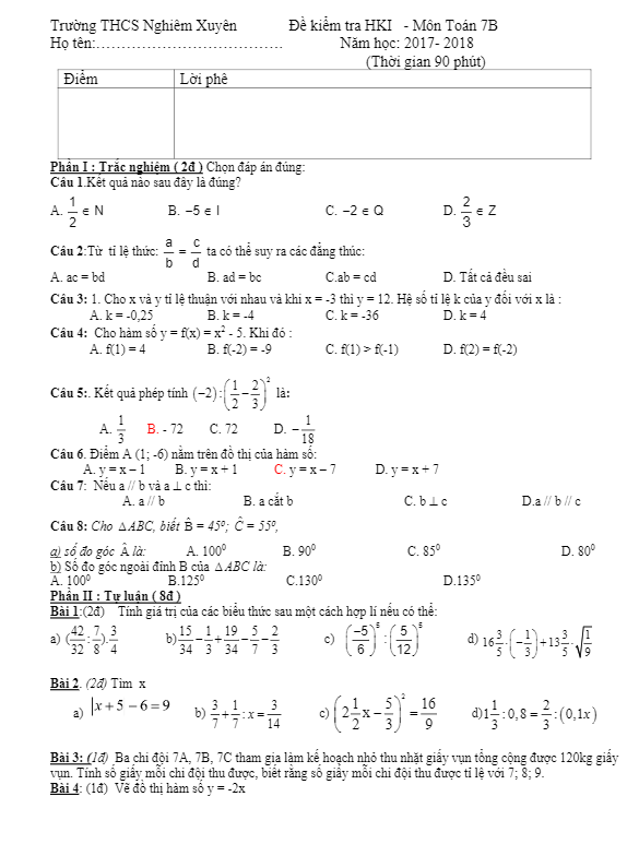 Đề thi học kì 1 (HK1) lớp 7 môn Toán năm học 2017 2018 trường THCS Nghiêm Xuyên Hà Nội