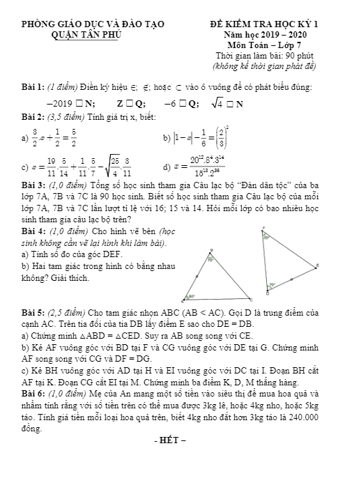 Đề thi học kì 1 (HK1) lớp 7 môn Toán năm học 2019 2020 phòng GD ĐT Tân Phú TP HCM