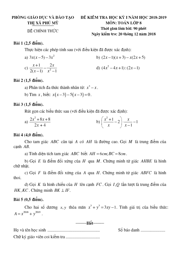 Đề thi học kì 1 (HK1) lớp 8 môn Toán năm 2018 – 2019 phòng GD ĐT Thị Xã Phú Mỹ – Bà Rịa – Vũng Tàu