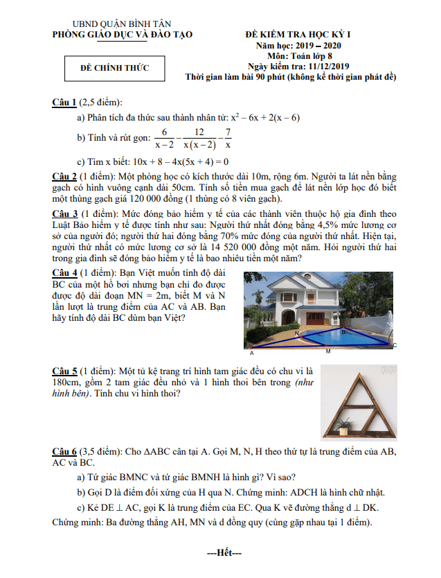 Đề thi học kì 1 (HK1) lớp 8 môn Toán năm 2019 2020 phòng GD ĐT Bình Tân TP HCM