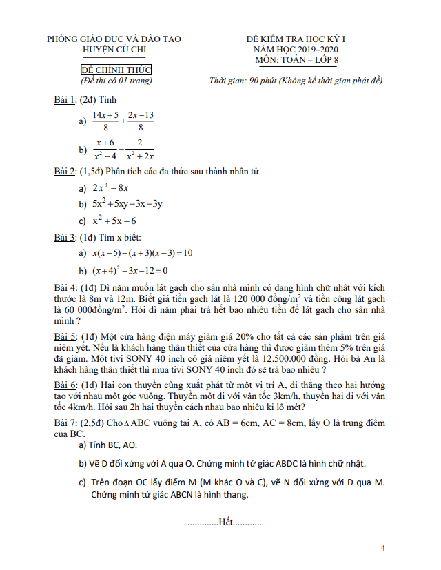 Đề thi học kì 1 (HK1) lớp 8 môn Toán năm 2019 2020 phòng GD ĐT Củ Chi TP HCM
