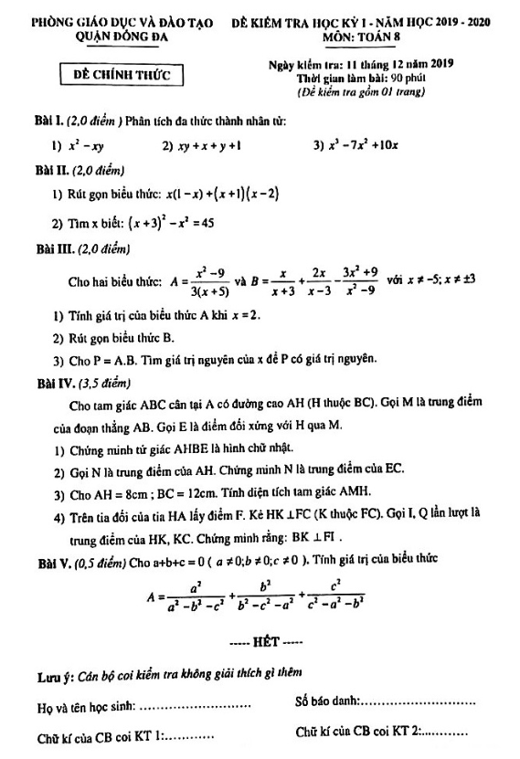 Đề thi học kì 1 (HK1) lớp 8 môn Toán năm 2019 2020 phòng GD ĐT Đống Đa Hà Nội