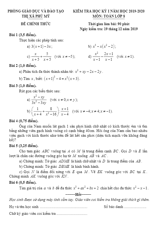 Đề thi học kì 1 (HK1) lớp 8 môn Toán năm 2019 2020 phòng GD ĐT Phú Mỹ BR VT