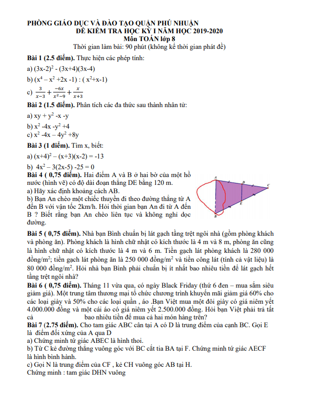 Đề thi học kì 1 (HK1) lớp 8 môn Toán năm 2019 2020 phòng GD ĐT Phú Nhuận TP HCM