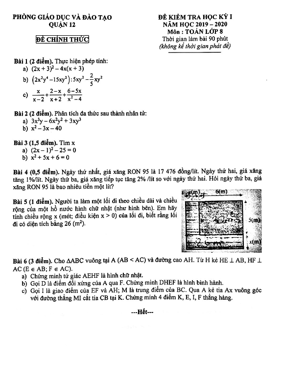 Đề thi học kì 1 (HK1) lớp 8 môn Toán năm 2019 2020 phòng GD ĐT Quận 12 TP HCM