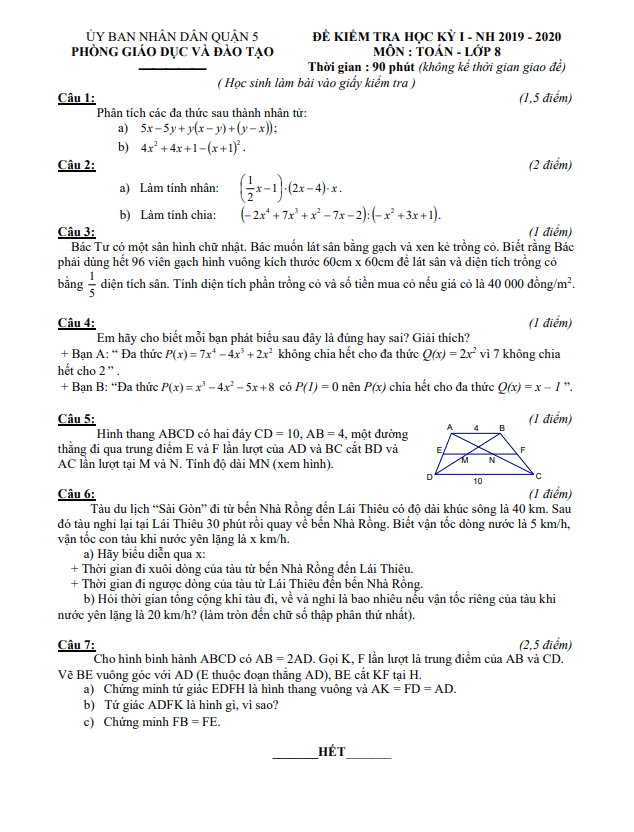Đề thi học kì 1 (HK1) lớp 8 môn Toán năm 2019 2020 phòng GD ĐT Quận 5 TP HCM