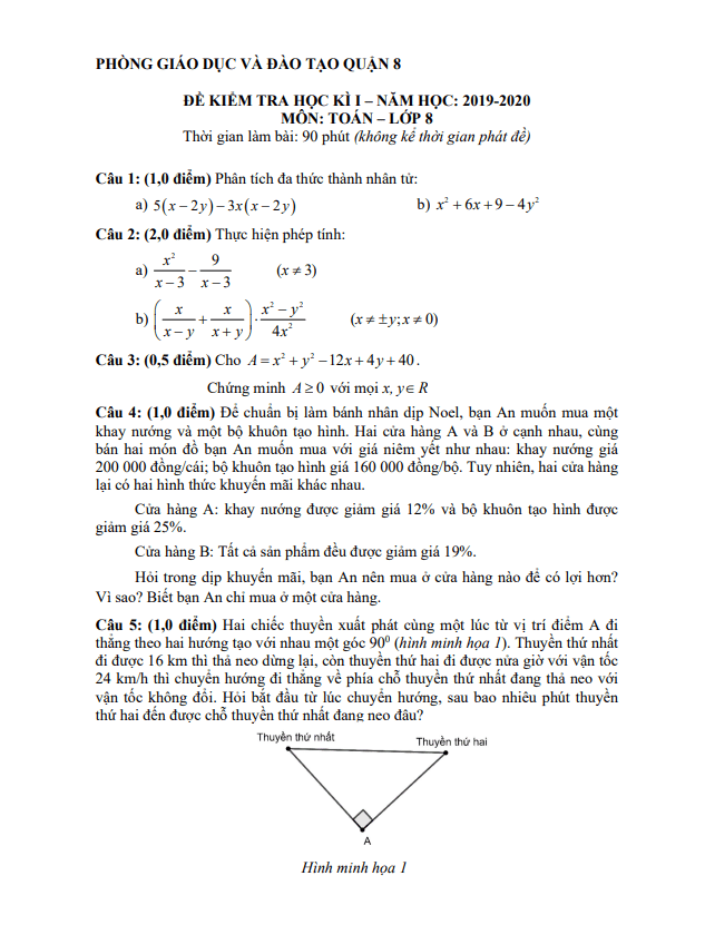 Đề thi học kì 1 (HK1) lớp 8 môn Toán năm 2019 2020 phòng GD ĐT Quận 8 TP HCM