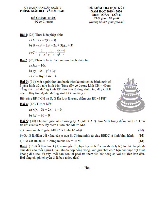 Đề thi học kì 1 (HK1) lớp 8 môn Toán năm 2019 2020 phòng GD ĐT Quận 9 TP HCM