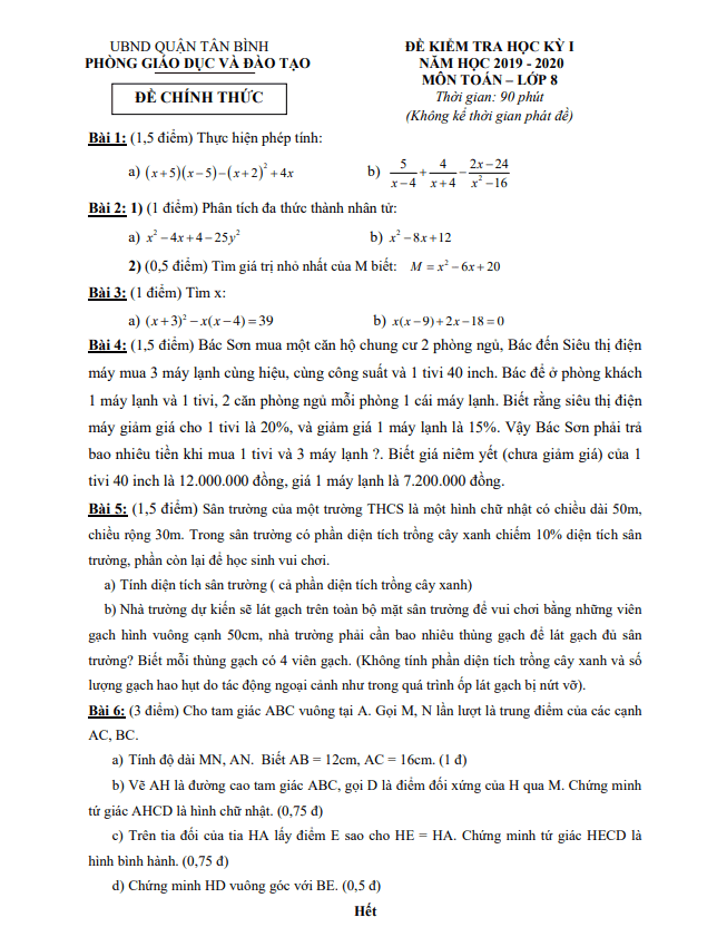 Đề thi học kì 1 (HK1) lớp 8 môn Toán năm 2019 2020 phòng GD ĐT Tân Bình TP HCM