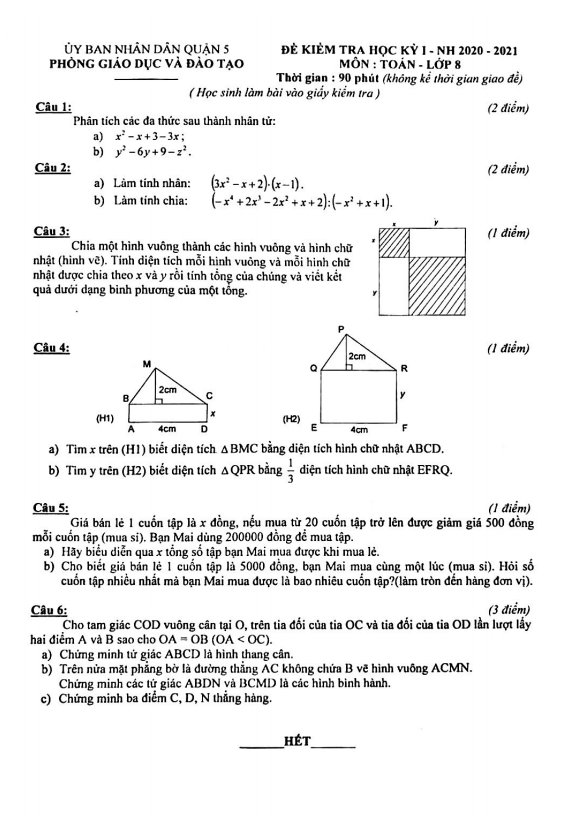 Đề thi học kì 1 (HK1) lớp 8 môn Toán năm 2020 2021 phòng GD ĐT Quận 5 TP HCM