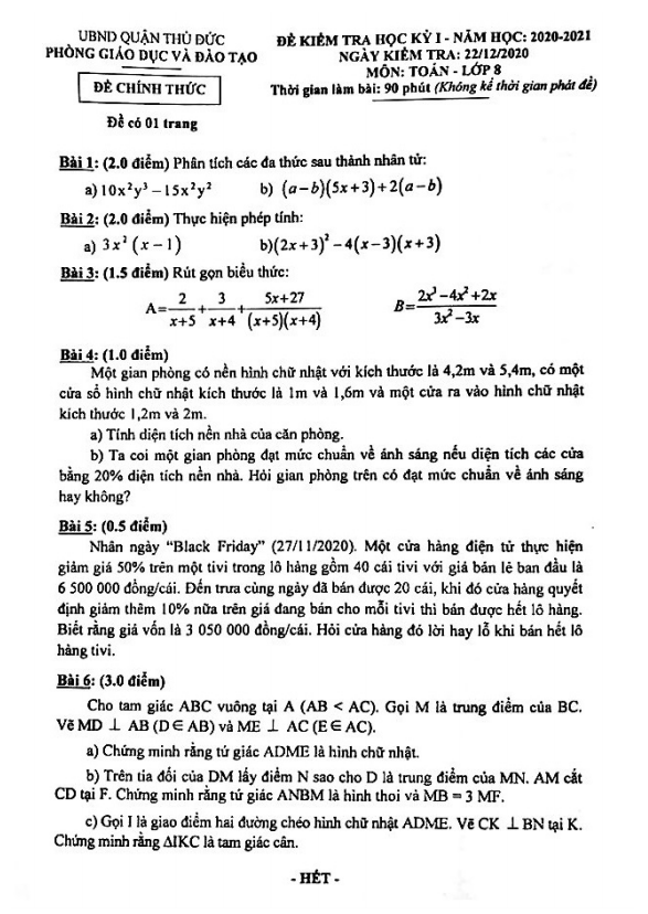 Đề thi học kì 1 (HK1) lớp 8 môn Toán năm 2020 2021 phòng GD ĐT Thủ Đức TP HCM
