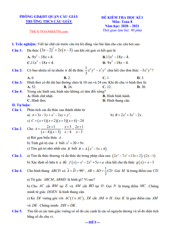 Đề thi học kì 1 (HK1) lớp 8 môn Toán năm 2020 2021 trường THCS Cầu Giấy Hà Nội