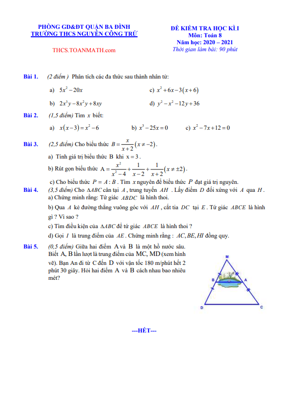 Đề thi học kì 1 (HK1) lớp 8 môn Toán năm 2020 2021 trường THCS Nguyễn Công Trứ Hà Nội