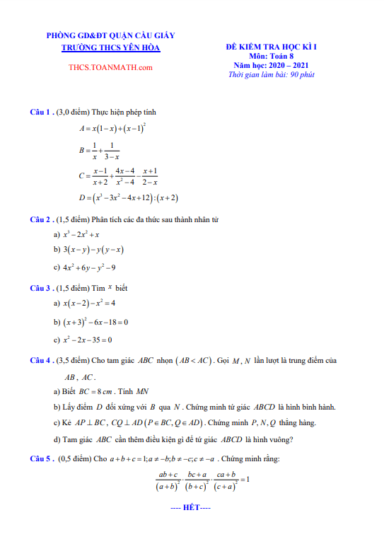 Đề thi học kì 1 (HK1) lớp 8 môn Toán năm 2020 2021 trường THCS Yên Hòa Hà Nội