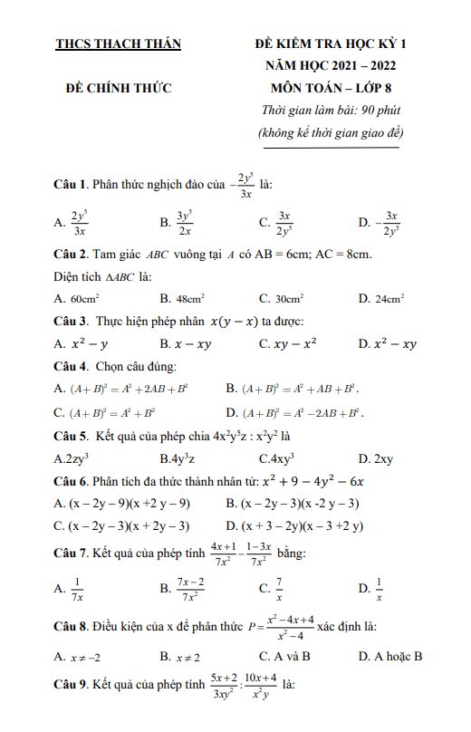 Đề thi học kì 1 (HK1) lớp 8 môn Toán năm 2021 2022 trường THCS Thạch Thán Hà Nội