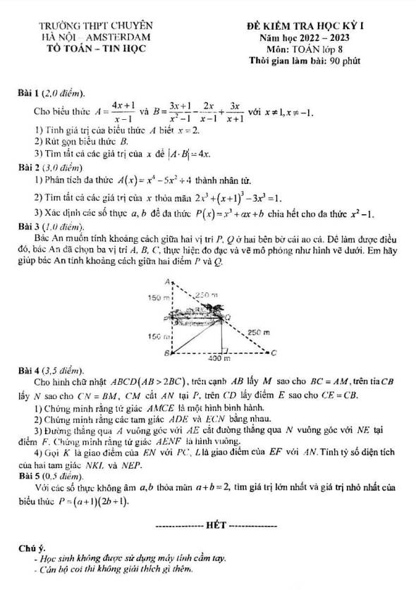 Đề thi học kì 1 (HK1) lớp 8 môn Toán năm 2022 2023 trường THPT chuyên Hà Nội Amsterdam