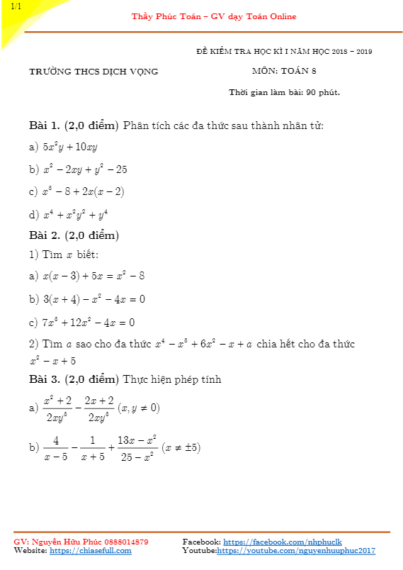 Đề thi học kì 1 (HK1) lớp 8 môn Toán năm học 2018 2019 trường THCS Dịch Vọng Hà Nội