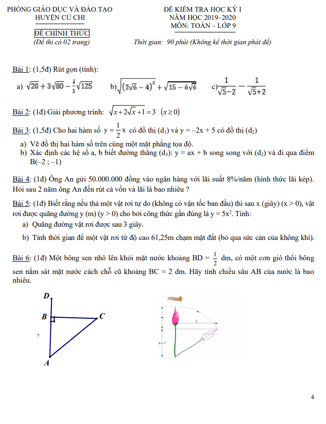 Đề thi học kì 1 (HK1) lớp 9 môn Toán năm 2019 2020 phòng GD ĐT Củ Chi TP HCM