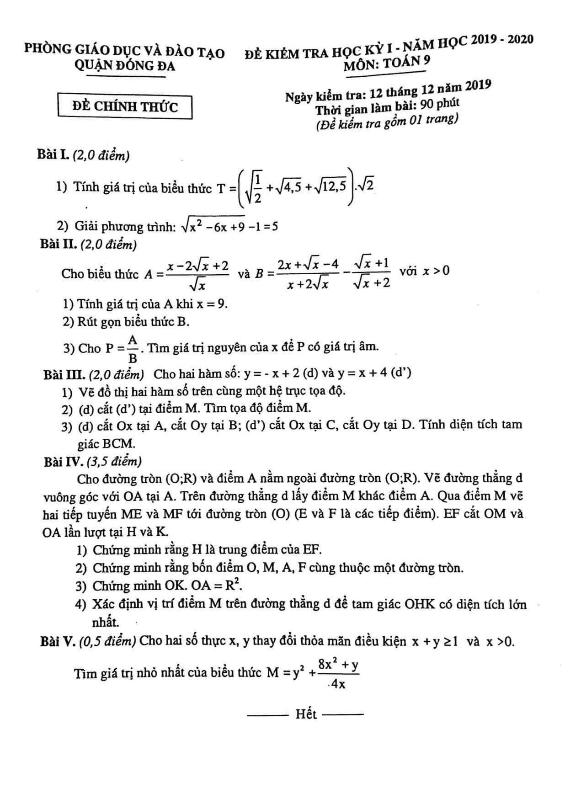 Đề thi học kì 1 (HK1) lớp 9 môn Toán năm 2019 2020 phòng GD ĐT Đống Đa Hà Nội