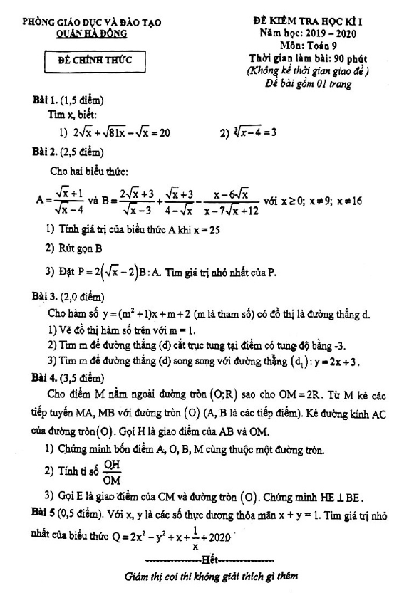 Đề thi học kì 1 (HK1) lớp 9 môn Toán năm 2019 2020 phòng GD ĐT Hà Đông Hà Nội