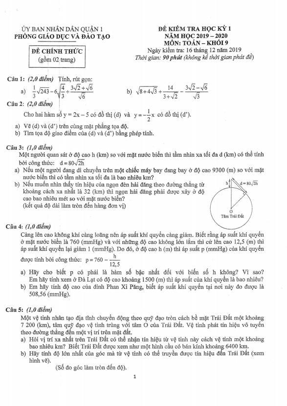Đề thi học kì 1 (HK1) lớp 9 môn Toán năm 2019 2020 phòng GD ĐT Quận 1 TP HCM