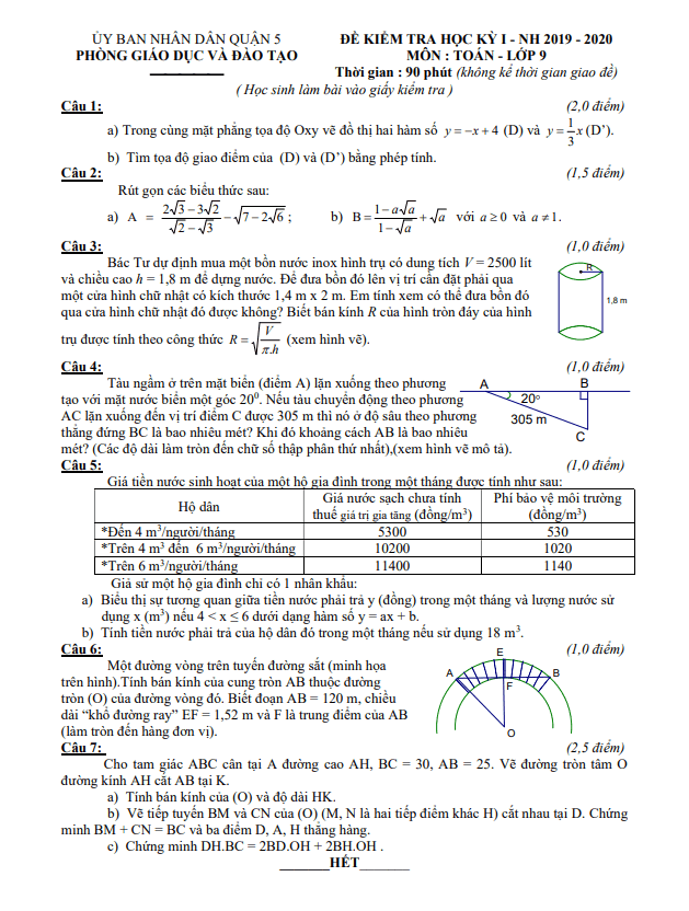 Đề thi học kì 1 (HK1) lớp 9 môn Toán năm 2019 2020 phòng GD ĐT Quận 5 TP HCM