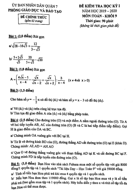 Đề thi học kì 1 (HK1) lớp 9 môn Toán năm 2019 2020 phòng GD ĐT Quận 7 TP HCM