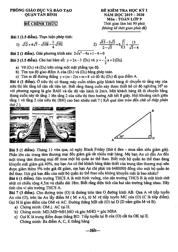Đề thi học kì 1 (HK1) lớp 9 môn Toán năm 2019 2020 phòng GD ĐT Tân Bình TP HCM