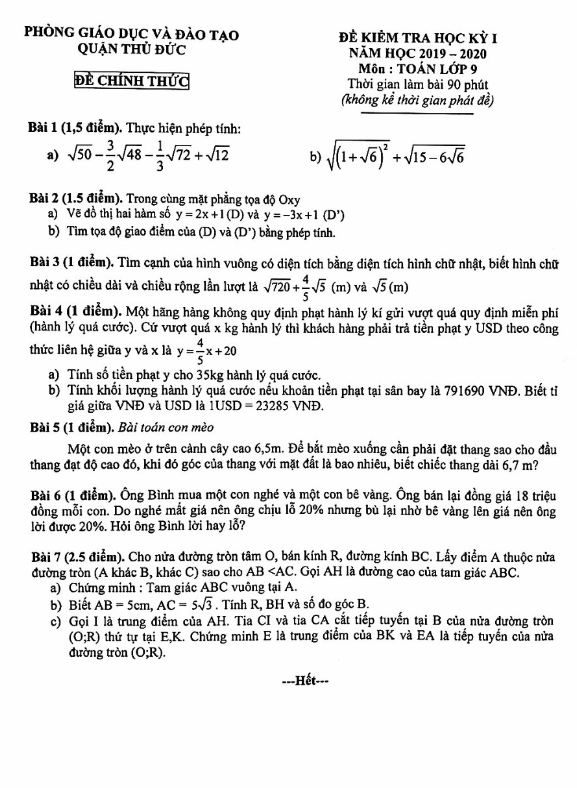 Đề thi học kì 1 (HK1) lớp 9 môn Toán năm 2019 2020 phòng GD ĐT Thủ Đức TP HCM