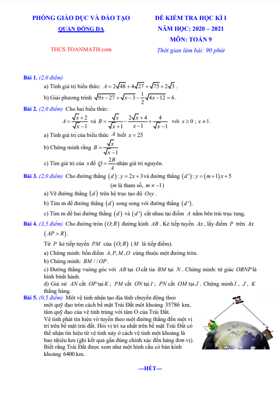 Đề thi học kì 1 (HK1) lớp 9 môn Toán năm 2020 2021 phòng GD ĐT Đống Đa Hà Nội