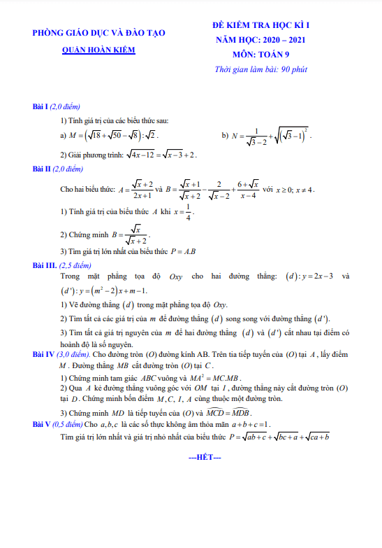 Đề thi học kì 1 (HK1) lớp 9 môn Toán năm 2020 2021 phòng GD ĐT Hoàn Kiếm Hà Nội