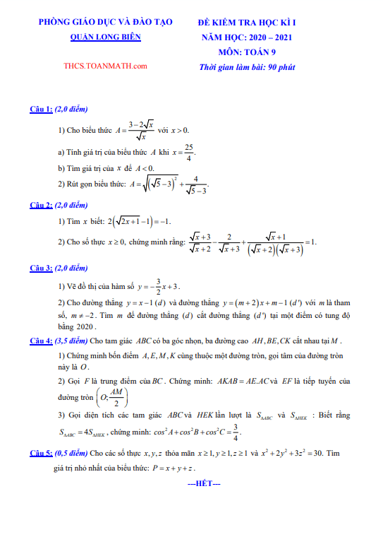 Đề thi học kì 1 (HK1) lớp 9 môn Toán năm 2020 2021 phòng GD ĐT Long Biên Hà Nội