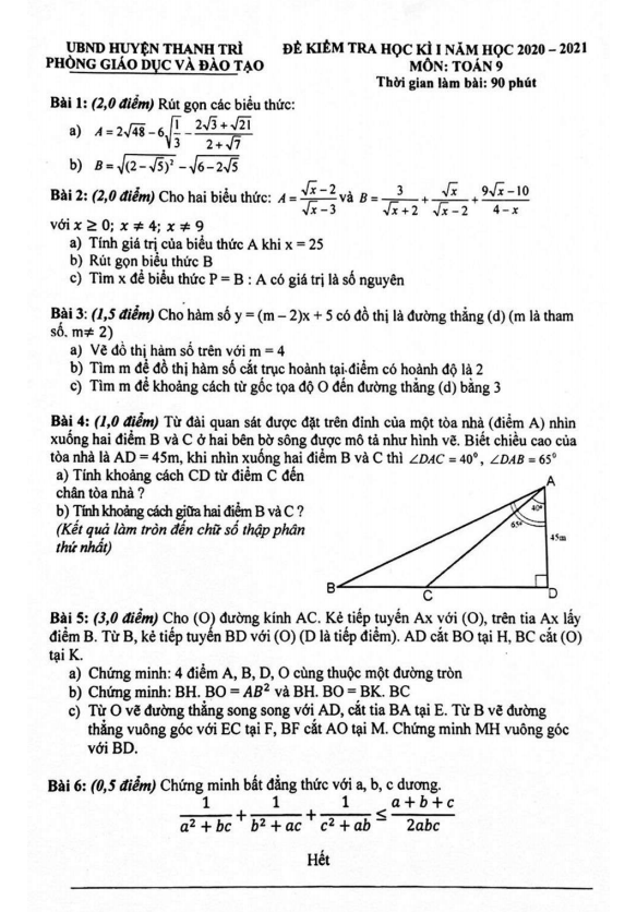Đề thi học kì 1 (HK1) lớp 9 môn Toán năm 2020 2021 phòng GD ĐT Thanh Trì Hà Nội